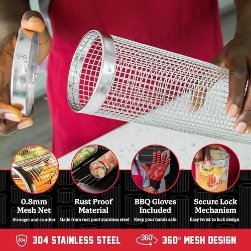 BLAZIN' GRILL Rolling Grill Basket | Rolling Grilling Baskets for Outdoor Grilling 2 Pcs | Barbecue Grill Set with BBQ Gloves | Portable Camping Net Rack Perfect for Vegetables, Seafood & Meat