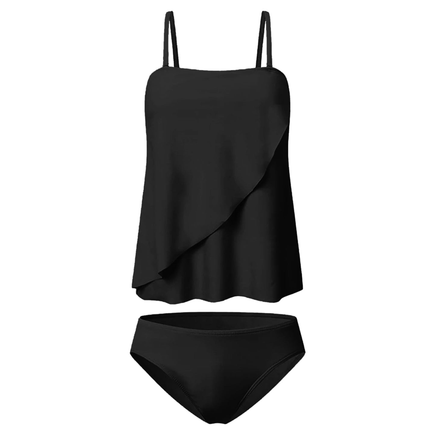 JEUROT 2 Piece Bandeau Swimsuits for Women Strapless Bathing Suits Tummy Control Flowy Swimwear with High Waisted Bottom Swim Suits 2024 Beach Vacation Outfits (Black, XXL)