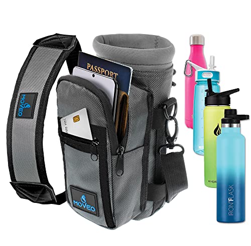 Moveo Water Bottle Holder/Carrier — Insulated w/Adjustable Shoulder Strap and Front Pockets - Comfortable Crossbody Water Bottle Holder - Water Bottle Sling Fits 16oz to 25oz Bottles