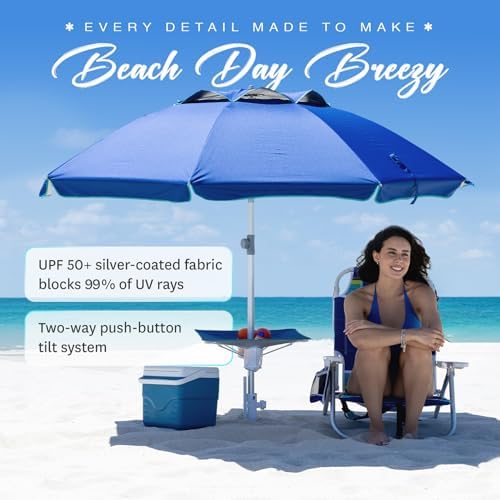 AMMSUN 7ft Heavy Duty High Wind Beach Umbrella with sand anchor, Built-in Table Tray Vent Tilt Pole, UPF 50+ Windproof Portable Outdoor Umbrellas Carry Bag for Patio Garden Pool Backyard Navy