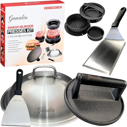 Smash Burger Press Kit for Griddle: 7" Cast Iron Grill Press, 12" Melting Dome, 3-in-1 Patty Maker, Spatula & Scraper, Griddle Accessories for Blackstone, Flat Top, BBQ