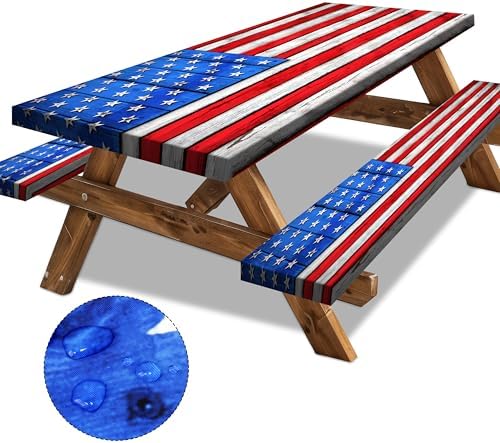 American Flag Picnic Table Cover with Bench Covers Set Wood Texture Waterproof Windproof Camping Rectangle Tablecloths Fitted Picnic Table Cover for Outdoor,Picnic,Camping (Red, 3pcs-72" x 30")