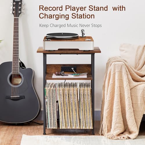 AMHANCIBLE Record Player Stand with Charging Station, Large Turntable Stand with Storage Cabinet, 3 Tier End Table Hold Up to 100 Albums, Record Stand for Vinyl, Living Room, Brown, HETCD012BR-1