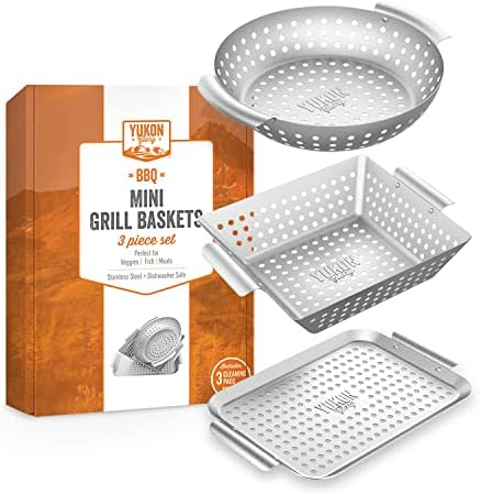 Grill Basket - Yukon Glory™ 3-Piece Mini Grilling Basket Set - Stainless Steel Perforated Grill Baskets for Grilling Veggies Seafood and Meats Includes Grill Pan - Square Basket and Circular Basket