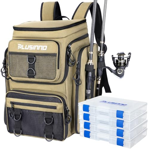 PLUSINNO Fishing Backpack with Rod Holders, 42L Water-resistant Fishing Tackle Bag With 4 Tackle Boxes,Fishing Gear For Camping, Hiking, Fishing Gifts for Men Khaki