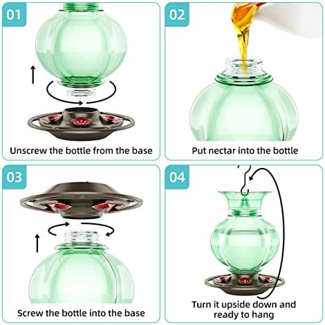 Auslar Hummingbird Feeder, Green Glass Hummingbird Feeder for Outdoors Hanging with Ant Moat, 5 Simulation Flowers Feeding Ports, 23 Ounces, Rustproof, Fade Proof, Pomegranate Shape, 2 Pack