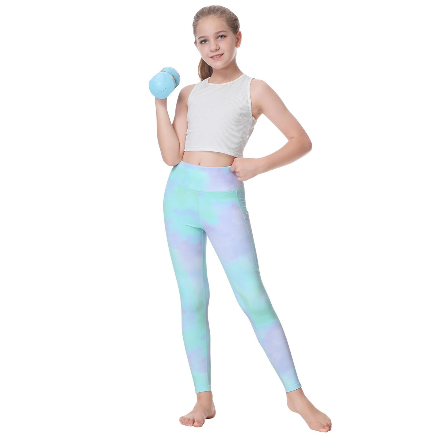 ANIVIVO Girls' Fleece Lined Leggings - Kids Winter Warm Yoga Pants Youth High Waisted Athletic Legging with Pockets(LightGreen 8-9)