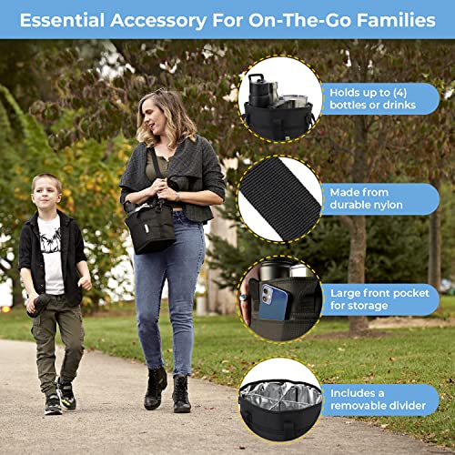 NoNa & Bee 4 Water Bottle Holder with Strap | Family Size 4 Compartment Drink Bag, Multiple Tumbler Carrier Caddy | Adjustable Fits Large & Small Drinks | Hands Free, Won't Tip Over in Car (Black)