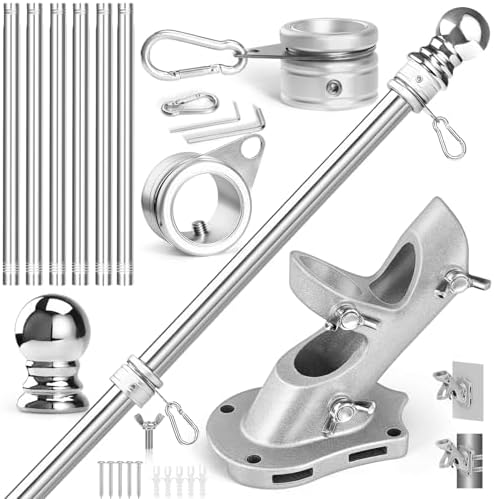 Anovo Flag Pole Kit- Stainless Steel 7 FT Flag Poles with1 Inch Metal 360° Rotating Flag Pole Rings Clip, Two-Position Flag Pole Holder Brackets Mounting for Outside House Outdoor Porch(7 FT - Sliver)