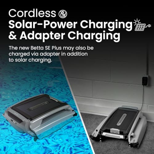 Betta SE Plus - Solar-Powered Robotic Pool Skimmer with 24/7 Continuous Cleaning Power, Dual Charging Options, Twin Salt Chlorine Tolerant Motors, and Shallow Water Safeguard