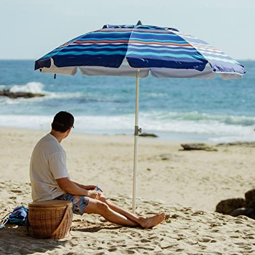 AMMSUN 7ft Heavy Duty High Wind Beach Umbrella Parasols with Sand Anchor Vent Tilt UV 50+ Sun Protection Portable Outdoor Sunshade Umbrellas Carry Bag for Patio Garden Pool Backyard Blue