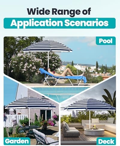 OutdoorMaster Beach Umbrellas for Sand with Sandbag & Anchor, 6.5ft Adjustable Umbrella for Beach Heavy Duty Wind, Portable UPF50+ Sunshade with Carry Bag for Patio, Navy Striped