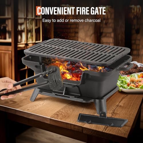 Hibachi Grill Outdoor, Portable Mini Charcoal Grill, 100% Pre-Seasoned Cast Iron, Small Japanese Yakitori Tabletop Skillet Grill Stove for Outdoor Camping