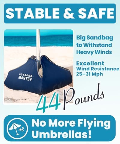 OutdoorMaster Beach Umbrellas for Sand with Sandbag & Anchor, 6.5ft Adjustable Umbrella for Beach Heavy Duty Wind, Portable UPF50+ Sunshade with Carry Bag for Patio, Navy Striped