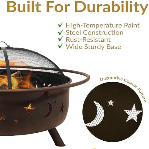 Sunnydaze Cosmic 42-Inch Large Outdoor Fire Pit - Wood-Burning Fire Pit with Round Spark Screen, Poker, and Built-in Grate