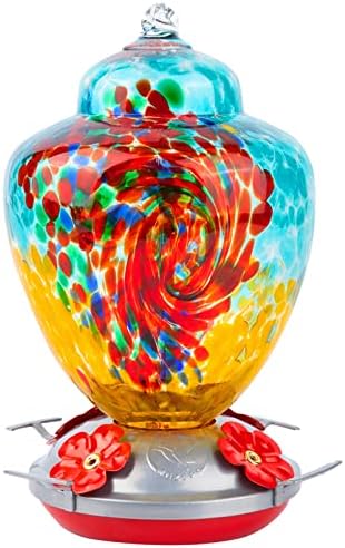 REZIPO Hummingbird Feeder with Perch - Hand Blown Glass - 38 Fluid Ounces Hummingbird Nectar Capacity Include Hanging Wires and Moat Hook (Half Green)