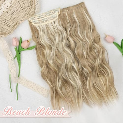 ALXNAN Clip in Long Wavy Synthetic Hair Extension 20 Inch Light Brown Mixed Blonde 4PCS Thick Hairpieces Fiber Double Weft Hair for Women