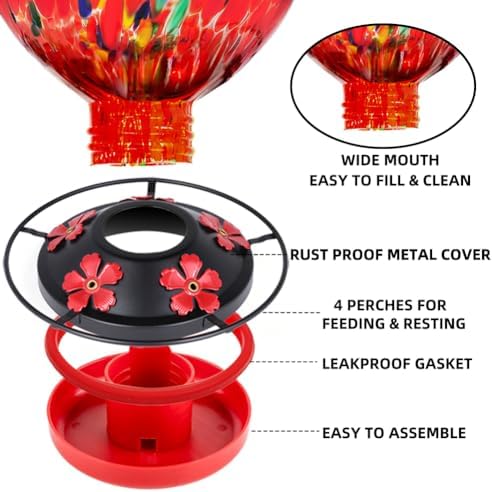REZIPO Hummingbird Feeder with Perch - Hand Blown Glass - 38 Fluid Ounces Hummingbird Nectar Capacity Include Hanging Wires and Moat Hook (Red-fire)