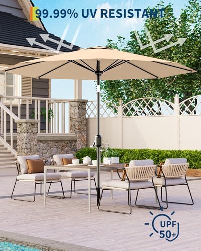 10 Ft Patio Umbrella with Solar Lights, 8 Ribs Outdoor Market Table Umbrella with 40 LED Lights & Tilt Crank for Pool, Deck, Backyard, Tan