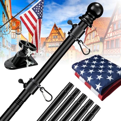 American Flag with Pole for Outside - 6FT Heavy Duty Tangle Free Flagpole Kit,4x6FT Embroidered Stars US Flag, 2 Position Metal Mounting Holder for House, Front Porch, Outdoor Patriotic Display