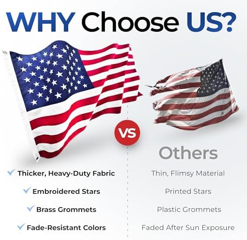 American Flag for Outside Heavy-Duty US Flag with Embroidered Stars Reinforced Nylon USA Flag Built for Outdoors Sewn Stripes UV Protection Brass Grommets (3x5 ft)