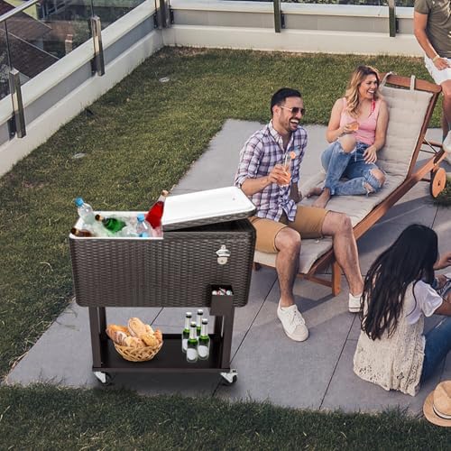 Outvita 80 Quart Rolling Ice Chest, Portable Bar Drink Cooler with Catch Basin, Bottom Storage Tray and Bottle Opener for Patio Party BBQ Beach Activities