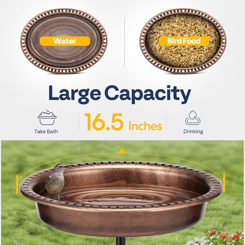 VIVOHOME Oval Polyresin Bird Bath Bowl with Solar Fountain, 29 Inch Height Outdoor Freestanding Birdfeeder with Metal Stake, Capacity 1.3 Gallons, 5-Pronged Base, Bronze