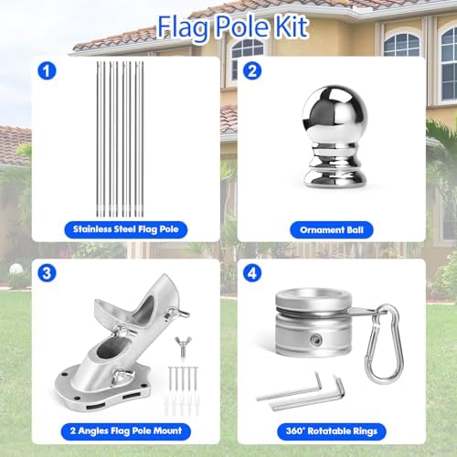Anovo Flag Pole Kit- Stainless Steel 5 FT Flag Poles with1 Inch Metal 360° Rotating Flag Pole Rings Clip, Two-Position Flag Pole Holder Brackets Mounting for Outside House Outdoor Porch(5 FT - Sliver)