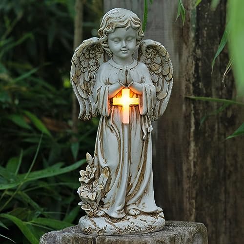 Angel Statue for Garden,Solar Angel for Cemetery Decorations,Garden Memorial Angels,Resin Praying Angels Figurine for Patio Lawn Yard Porch Decorations,12.12inch