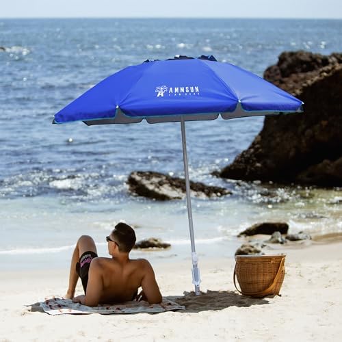 AMMSUN 6.5ft twice folded Portable beach umbrella with sand anchor windproof, Push Button Tilt and Air vent UPF 50+ Protection Fits in a large Suitcase for Patio Garden Beach Pool Backyard Blue