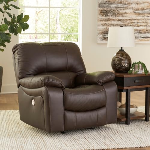 Signature Design by Ashley Leesworth Contemporary Leather Match Power Rocker Recliner with USB Ports, Dark Brown