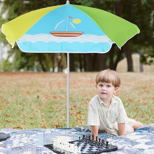 AMMSUN 5ft Seaside Umbrella for Sand and Water Table - Kids Durable Umbrellas for Children Beach Camping Garden Outdoor Play Shade (5ft Green Yellow Boat)