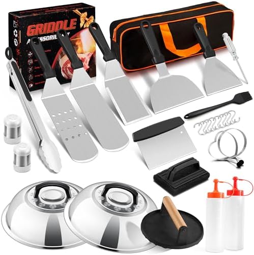HaSteeL 28Pcs Griddle Accessories Kit, Stainless Steel Flat Top Grill Accessory Tools Set, Metal Spatulas, Scraper Choppers, Melting Domes, Cast Iron Burger Press, for Teppanyaki Tabletop Hibachi BBQ