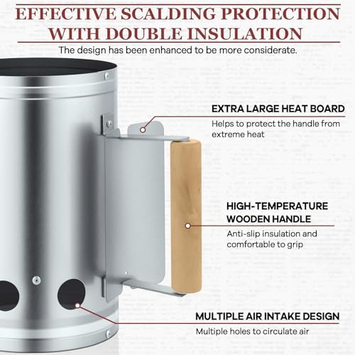 Leonyo Charcoal Chimney Starter, Heavy Duty BBQ Chimney Starter Perfect for Charcoal Grill and BBQ, Sturdy and Easy to Use BBQ Grill Tool for Rapid Fire Starter, Heat Resistant Wooden Handle, Silver