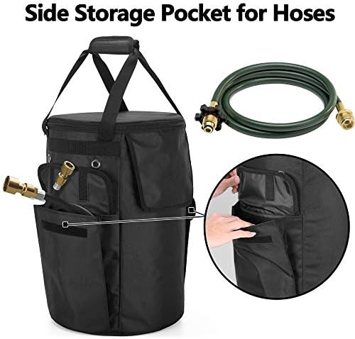 SAMDEW Propane Tank Cover, 20 lb Propane Gas Tank Bag with Side Flip Flap and Stable Tabletop Feature, 2 Storage Pockets, Ventilated with 4 Holes, Water & Wear Resistant, Black, Bag Only