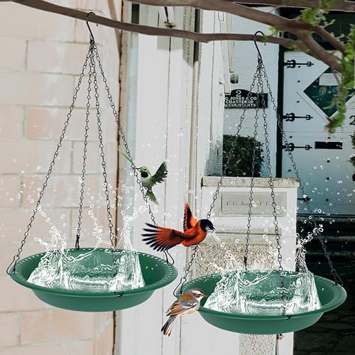 Bird Baths for Outdoors Heavy Duty, 14 inch BirdBath Bowl Only with 25” Rust-Proof Black Chains, Hanging Birds Bath Hanging Bird-Feeder for Garden Backyard Decor (Green 2 Pack)