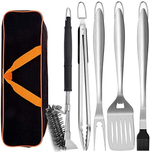 Leonyo Grill Tools Set of 6, 18Inch Extra-Long BBQ Tool Set, Heavy-Duty Barbecue Grilling Accessories, Stainless Steel Spatula, Fork, Tong, Basting Brush, Cleaning Brush, Carrying Bag