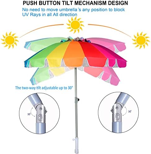 AMMSUN 7.5ft Large Heavy Duty HIGH Wind Beach Umbrella with sand anchor & Tilt Sun Shelter, UPF 50+ Protection Outdoor Umbrellas Sunshade with Carry Bag for Patio Garden Pool Backyard Rainbow