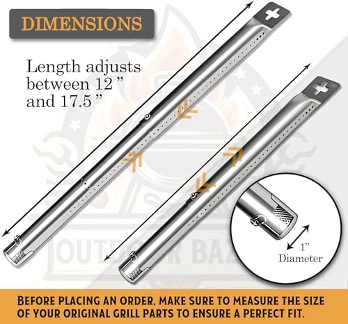 Universal Adjustable Stainless Steel Burners (12" to 17.5") for 5 Burner Gas Grills from Weber, Dyna Glo, Nexgrill, Brinkmann, Master Forge & More, BBQ Grill Replacement Parts, Universal Burner Tubes