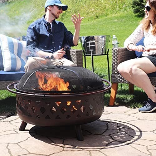 Sunnydaze Crossweave Outdoor Fire Pit - Wood-Burning Fire Pit for Outside with Spark Screen, Poker and Round Cover - 36-Inch - Bronze