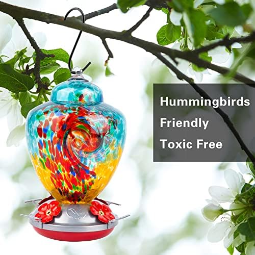 REZIPO Hummingbird Feeder with Perch - Hand Blown Glass - 38 Fluid Ounces Hummingbird Nectar Capacity Include Hanging Wires and Moat Hook (Half Green)