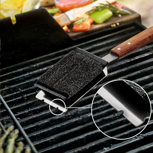 Grill Brush Bristle-Free Stainless Steel Safely Steam Grill Cleaner for Outdoor Grill Larger Brush Head Design,Wood Handle with 1 Replacement Head,All Types of Grills Ideal Gift for Dads