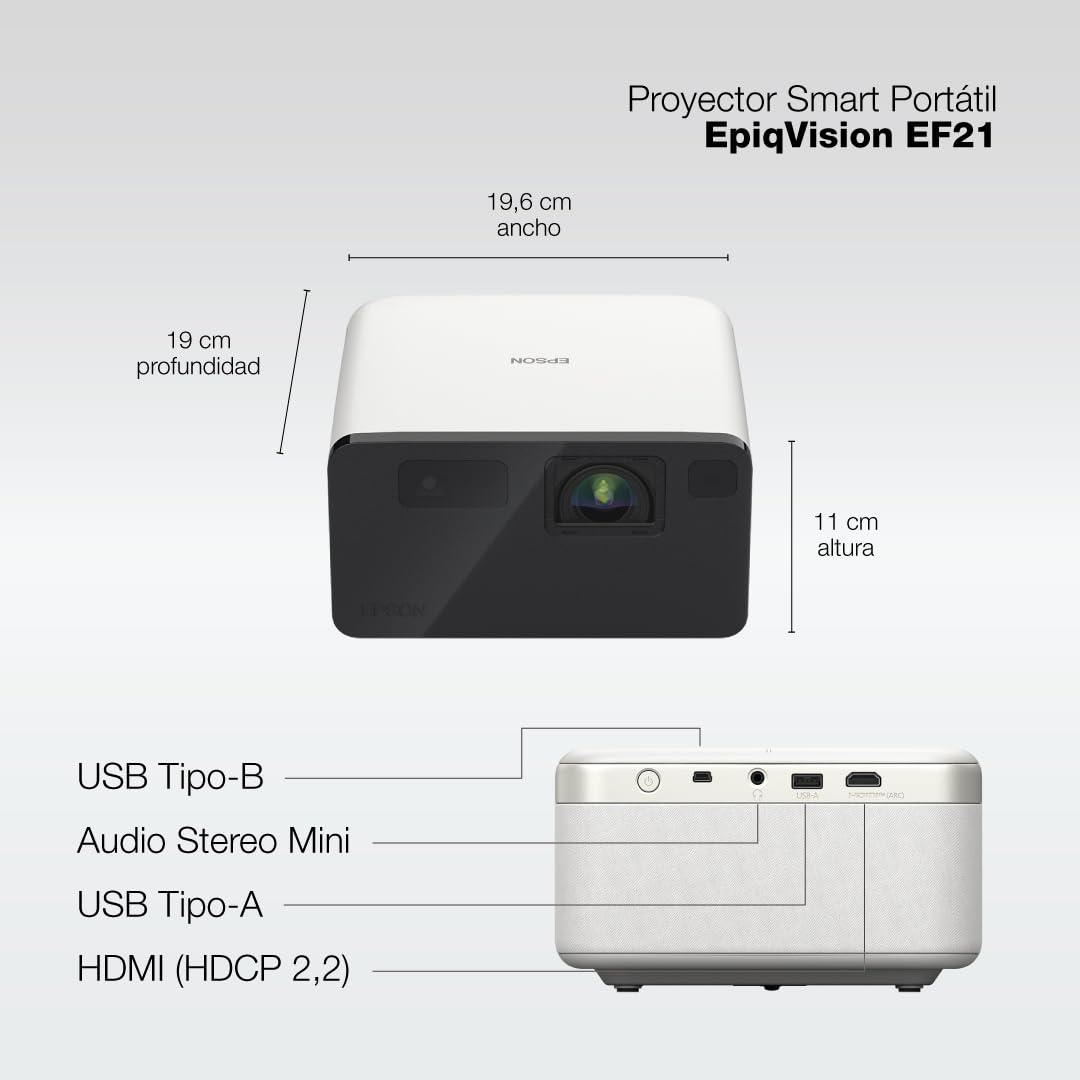 Epson EpiqVision Mini EF21 Portable Smart Laser Projector, Bright 1,000 Lumens, FHD 1080p HDR, 3-Chip 3LCD, Google TV, Netflix, Stereo Speakers, Family Party/Outdoor Backyard/Home Theater - White