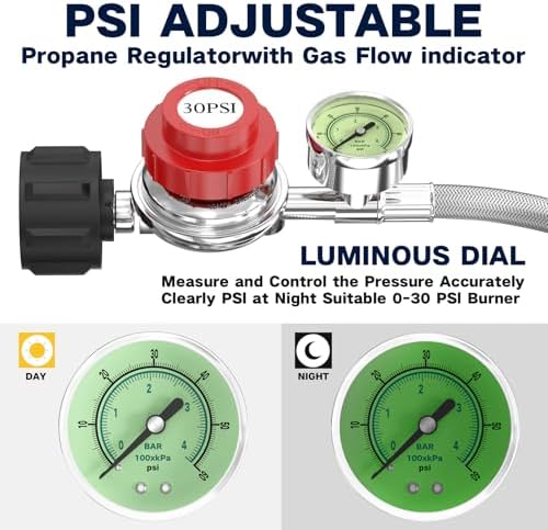 5FT 0-30 PSI Adjustable High Pressure Propane Regulator with Gauge 0~60PSI Gas Flow Indicator QCC1 Stainless Propane Hose with 3/8 Flare x 1/8 MNPT Fits for LP Gas Cooker, Burner, Smoker, Turkey Fryer
