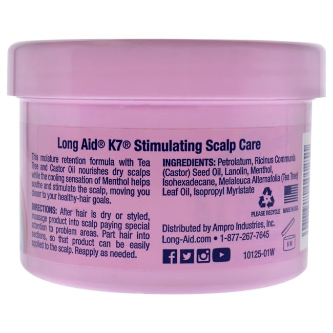 AmPro Long-Aid K7 Stimulating Scalp Care Conditioner - Tea Tree and Castor Oil Nourishes Dry Scalps - Cooling Sensation of Menthol Helps Soothe and Energize - Free of Alcohol and Dyes - 8 oz