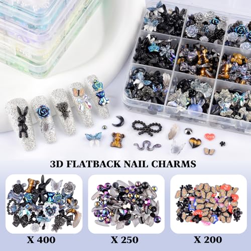 Kikonoke 1400 Pieces 3D Butterfly Rose Flower Bow Rabbit Bear Nail Charms Kit with Nail Art Rhinestones Pearls Crystal Gems Nail Slices for Manicure DIY Crafts Jewelry Accessories (Pink Blue)
