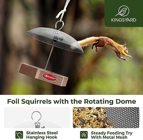 Kingsyard Platform Bird Feeder for Outdoor Hanging - Rugged Recycled Plastic Wild Bird Feeding Station with Adjustable Dome & Metal Mesh Tray, Brown