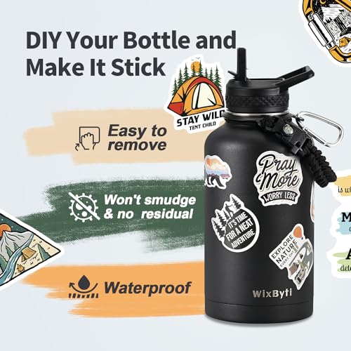 WixByti 40 oz Insulated Water Bottle with Straw (Cold for 48 Hrs), Stainless Steel Triple Wall Vacuum Sports Water Jug, Leakproof Hydro Cup Flask with Paracord Handle & Straw Spout Lids & DIY Stickers
