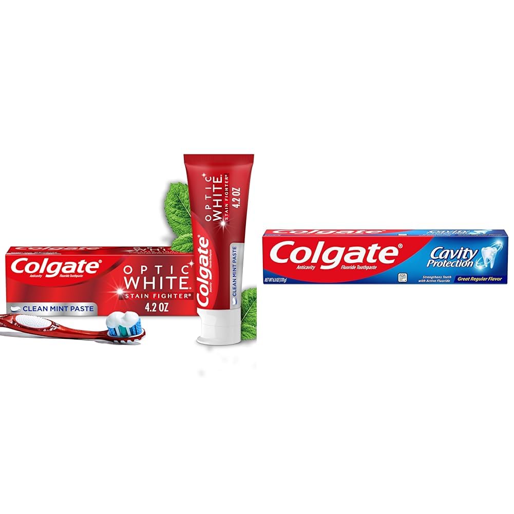 Colgate Optic White Stain Fighter Whitening Toothpaste, Clean Mint Flavor, Safely Removes Surface & Cavity Protection Regular Fluoride Toothpaste, White, 6 oz
