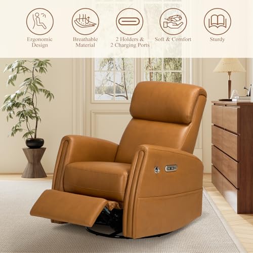 COLAMY Electric Power Swivel Recliner Chair, PU Leather Rocking Chair, 270° Swivel 145° Recliner Chair with Built-in Charging Ports for Living Room, Home, CognacBrown